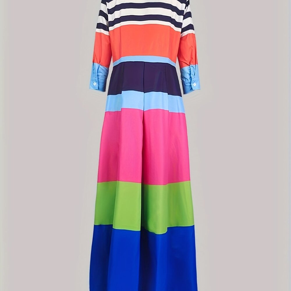 Lapel Long Sleeves Shirt Dress Multi-colored Striped A-line Maxi Dress - Picture 5 of 6